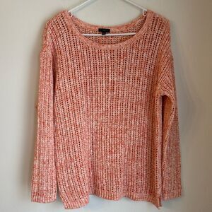 Talbots Women’s open knit orange coral white crewneck sweater Petite Medium EUC!